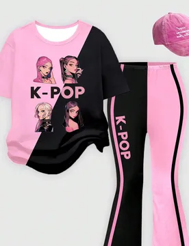 Conjunto de camiseta relajada y pantalones acampanados con estampado de letras y bloques de color, estilo fresco y minimalista para niñas jóvenes en - Shein - FashionsVida