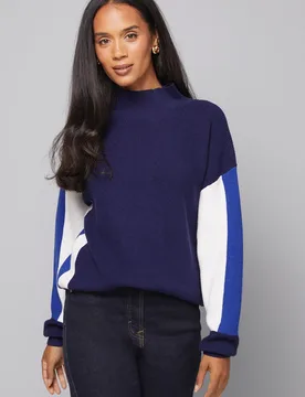 Womens Colour Block High Neck Ribbed Jumper - Navy Viscose - Size Medium - Wallis - FashionsVida