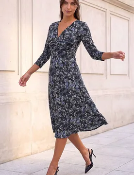 Women's Floral Twisted Front Stretch Midi Dress Size: 12 - Multicolor - Size: 12 - Roman - FashionsVida