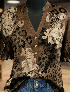 Camisa de manga corta con estampado vintage de leopardo & floral para mujer talla grande de verano 3XL - Shein - FashionsVida