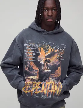 Herren Anthrazit Oversized Grafik Washed Hoodie Sweatshirt Charcoal Größe Large - boohooMAN - FashionsVida