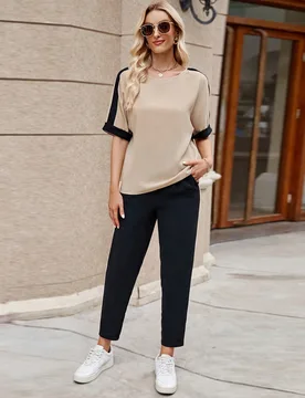 Pantalones con camiseta ribete en contraste de manga murciélago L - Shein - FashionsVida