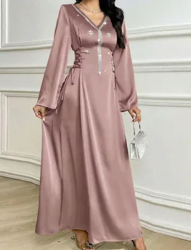 Vestido elegante árabe con cuello en V, manga larga, cintura con lazo y decoración de rhinestones para mujer M - Shein - FashionsVida