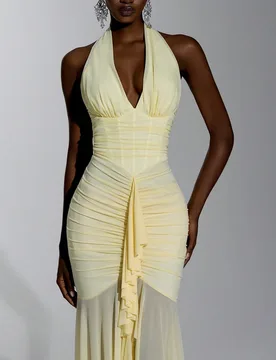 Vestido de cóctel de malla elástica amarilla con cuello halter, decoración de ballenas y volantes en el bajo, elegante, romántico y sexy, adecuado - Shein - FashionsVida