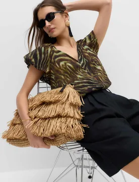 Printed Puff Sleeve Volume Top Dark Green Mix female - M&S - FashionsVida