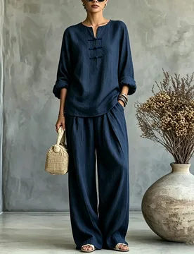 Conjunto azul marino, top vintage hecho a mano con botones de rana, ajuste holgado con hombros caídos. Combinado con pantalones de pierna ancha del m - Shein - FashionsVida