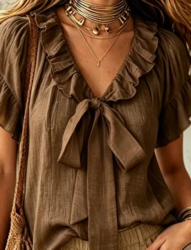 Blusa tipo jersey para mujer con cuello en V, cuello con volantes, puños con volantes y lazo, holgada, casual y cómoda para uso diario, viajes, top - Shein - FashionsVida