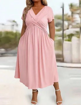Vestido casual de verano de talla grande con cuello en V, cintura ceñida, bolsillo en diagonal y unicolor, para el atuendo de mujer de talla grande e - Shein - FashionsVida