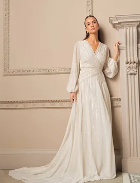 Women's Long Sleeve Linear Embellished Wedding Dress in Ivory Size: 10 - Ivory - Size: 10 - Coast - FashionsVida