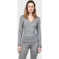 Camiseta termal de mujer con cuello en pico con encaje