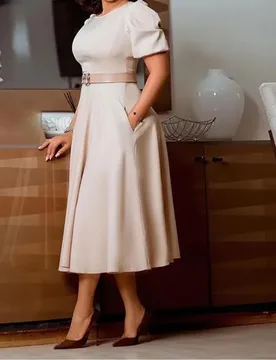 Crew Neck Temperament Elegant Waist Large Swing Puff Sleeves A-line Skirt Dress - Aliexpress - FashionsVida