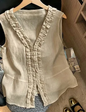 Blusa sin mangas de mujer con cuello en V y ribete de volantes, de estilo lino, top de tirantes, camisa elegante casual de verano para ir al trabajo y - Shein - FashionsVida
