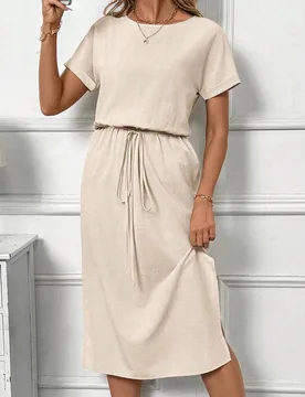 Vestido de verano casual beige de cuello redondo, manga corta, ajustado y de largo medio para mujeres, atuendos para vacaciones, días festivos, negoc - Shein - FashionsVida