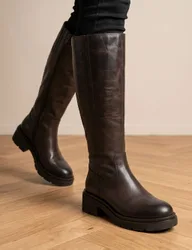 Leather Block Heel Knee High Boots Brown female