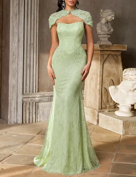 Elegante vestido de cola de pez de cintura baja con escote sin tirantes, bordado con encaje de lentejuelas 3D de color verde claro lujoso y generoso ( - Shein - FashionsVida