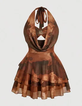 Vestido camisero de mujer talla grande con escote en V profundo, decoración de hebilla metálica y estampado floral degradado de puesta de sol 1XL - Shein - FashionsVida
