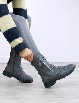 Women's Low Heel Zip Military Ankle Biker Boots in Grey Size: 5 - Grey - Size: 5 - Ajvani - FashionsVida