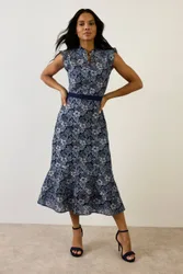 Women's Lace Ruffle Sleeve Midi Dress in Navy Size: 16 - Navy - Size: 16