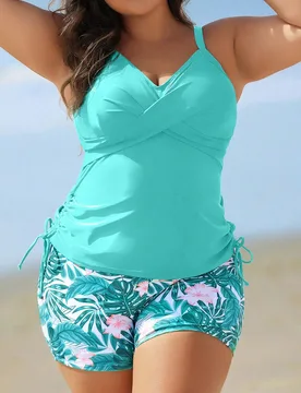 Conjunto de tankini de talla grande para mujer con pantalón corto de talle alto con estampado floral y top con tirantes ajustables, diseño modesto y - Shein - FashionsVida