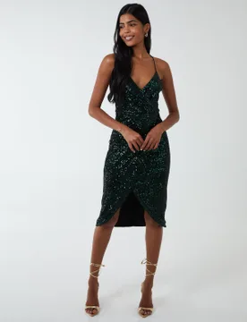 Sequin Wrap Pleated Cami Dress - 8 / GREEN - female - Blue Vanilla - FashionsVida