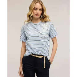 Camiseta de mujer de rayas con bordado floral ajuste boxy con escote redondo