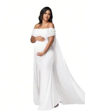 Vestido floral con hombros descubiertos para embarazadas para baby shower, vestido largo con capa de malla como atuendo para mujeres y como accesorio - Shein - FashionsVida