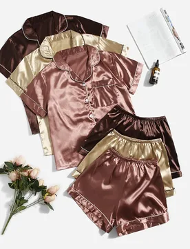 Conjuntos de pijama con blusa de satén y pantalones cortos con ribete de contraste S - Shein - FashionsVida