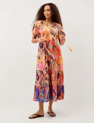 Pure Cotton Floral Tie Neck Midaxi Dress Multi female