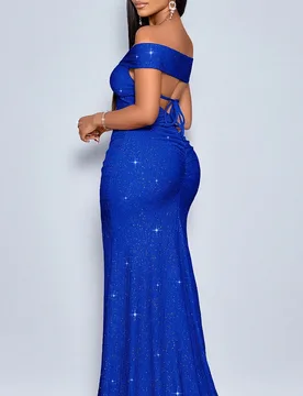Vestido maxi elegante para mujer con hombros descubiertos, espalda descubierta, abertura alta y brillo metálico, adecuado para fiestas de Navidad, va - Shein - FashionsVida