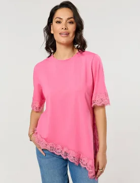 Women's Pink Asymmetric Lace Trim Cotton T-Shirt - Pink - Size: One Size - Liquorish - FashionsVida