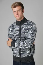 Mens Dark Grey Jacquard Fleece-Lined Zip-Through Cardigan - Size 2xl