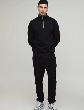 Herren Groß Geschnittenes Reguläres 1/4-Reißverschluss Stehkragen-Sweatshirt Und Schmal Geschnittene Jogginghose Black Größe XL - boohooMAN - FashionsVida