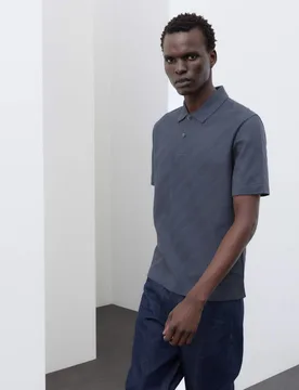 Pure Cotton Textured Jacquard Button Polo Shirt Nightshade male - Autograph - FashionsVida