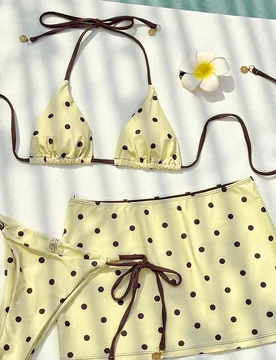 Piezas Traje de baño bikini para mujer, Traje de baño de playa con estampado de lunares casual, Conjunto de moda marrón & amarillo para vacaciones - Shein - FashionsVida
