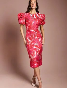 Women's Metallic Jacquard Puff Sleeve Pencil Dress in Red Size: 16 - Red - Size: 16 - Coast - FashionsVida