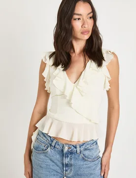 Womens Chiffon Ruffle Asymmetric Top - Ecru - Size 12 Uk - Boohoo - FashionsVida