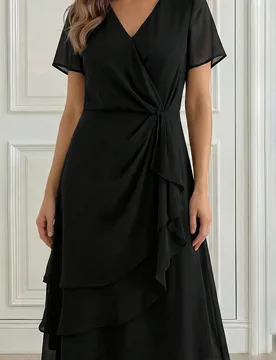 Vestido de gasa negro asimétrico para madre del novio, invitada de bautizo, regalo para mamá, manga corta, largo medio, cintura ceñida, corte slim, - Shein - FashionsVida