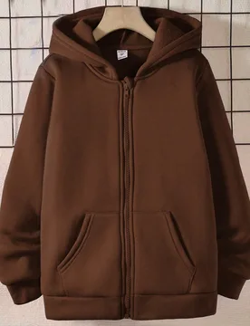 Sudadera con capucha y cremallera para niños preadolescentes, color marrón café liso, forro térmico, corte holgado, chaqueta casual para uso diari - Shein - FashionsVida