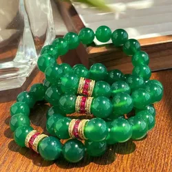 Vintage high-quality 12MM large-bead natural chalcedony and green agate bracelet