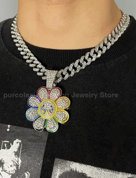 Shiny Cuban Chain Hip Hop Necklace for Men Women Colorful Sunflower Pendant Iced Out Full Rhinestones Accessories Jewelry - Aliexpress - FashionsVida