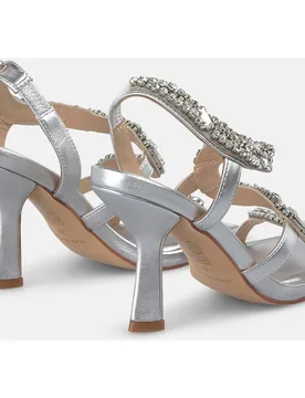 Sandalias de tacón de mujer en piel efecto metalizado con tira de serpiente con detalle pedreria - Alma en Pena - FashionsVida