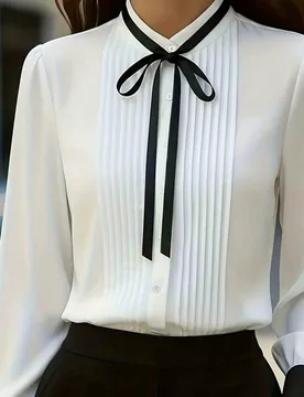 Blusa de estilo profesional con contraste blanco & negro, cuello con lazo, frente con pliegues pesados, cuello alto, mangas largas abullonadas con pu? - Shein - FashionsVida