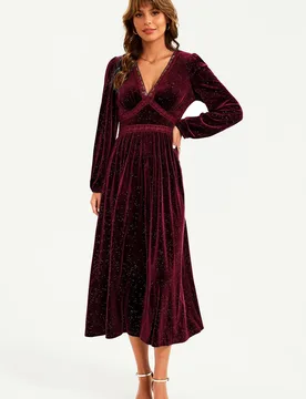 Women's Silver Foil Velvet Lace Trim Neckline Midi Dress in Wine Size: Medium - Wine - Size: M - FS Collection - FashionsVida