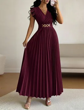 Vestido elegante de moda para cumpleaños, romántico y encantador, con cuello en V, mangas cortas, decoración metálica, plisado y cintura ajustada, - Shein - FashionsVida