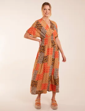Abstract Patchwork Pattern V Neck Maxi Dress - S / ORANGE - female - Blue Vanilla - FashionsVida