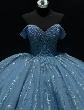 Shiny haze blue Quinceanera Dress glitter flower crystal Decal Long tail Pearl jewelry Vestidos De 15 Quinceanera ﻿Customize - Aliexpress - FashionsVida