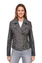 Womens Grey Brando Biker Jacket-Constantia Lamb Leather - Size 18 Uk