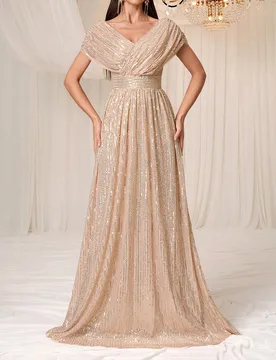 Vestido de fiesta formal para mujer, elegante vestido de noche de doble escote en V con brillos y fruncidos S - Shein - FashionsVida