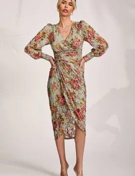 Women's Lace Long Sleeve Ruched Bodycon Dress in Green Size: 12 - Green - Size: 12 - Jolie Moi - FashionsVida