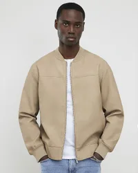 Mens Bomber Jacket Beige Faux Leather Long Sleeve - Stone Pu - Size Small